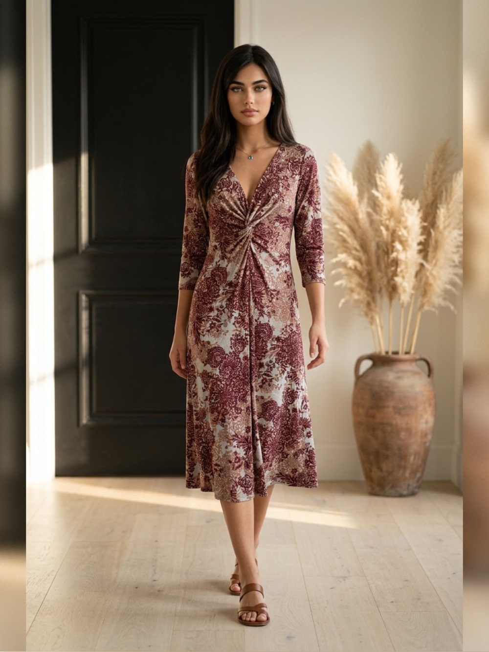 Ronni Nicole Brown and Cream Floral Twist-Front Long Sleeve Dress